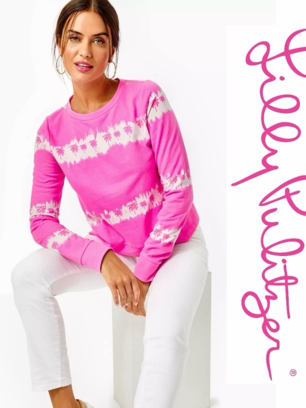 Lilly Pulitzer Plumeria Pink Gayl Sweatshirt Paradise Palm Tie Dye Stripe Large